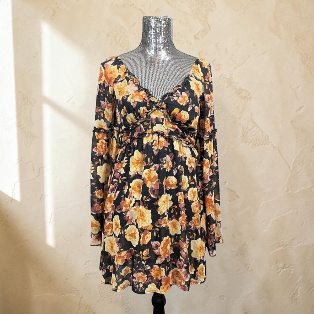 70s Revival Floral Bell Sleeve Mini Dress Whimsy Goth Fairy Boho‎ Fall Party XL